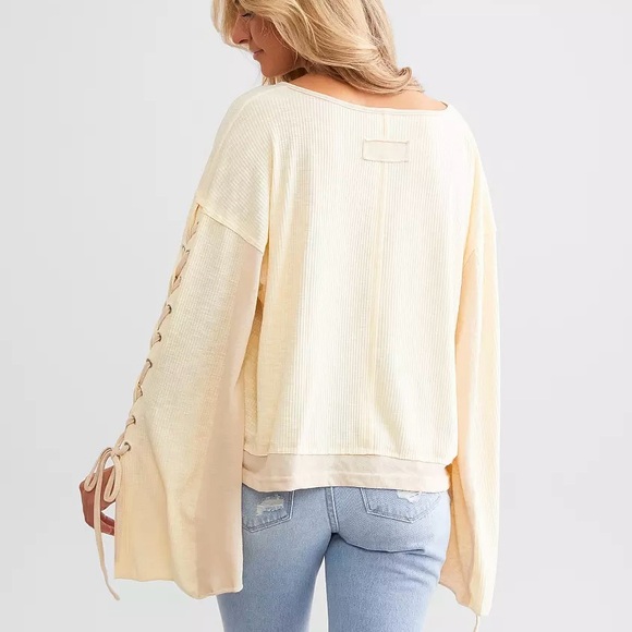 Buckle POL Pieced Top Size M Lace-Up Bell Sleeves Cream Beige Raw Edge Boho - Picture 4 of 13